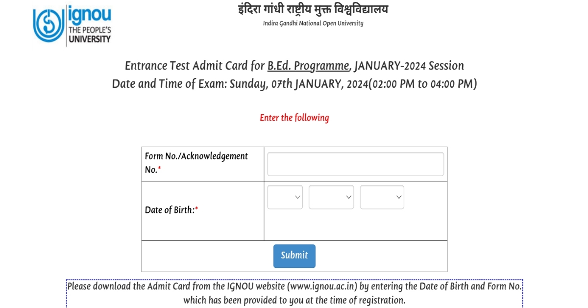 IGNOU B.ed Entrance Exam 2024 Hall Ticket (Out), Check Now Free