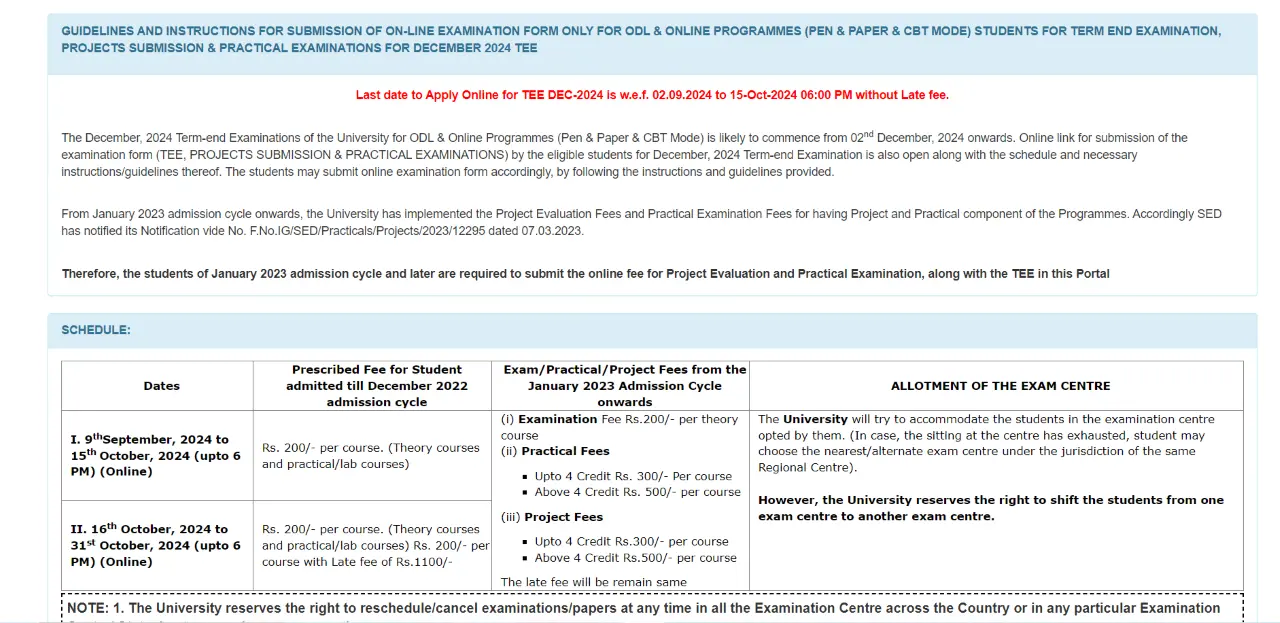 IGNOU Exam Form December 2024